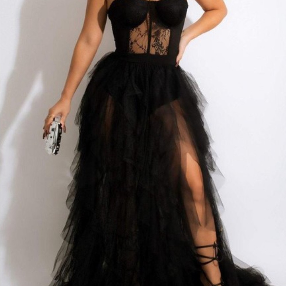Black Bustier Slit Cocktail Gown